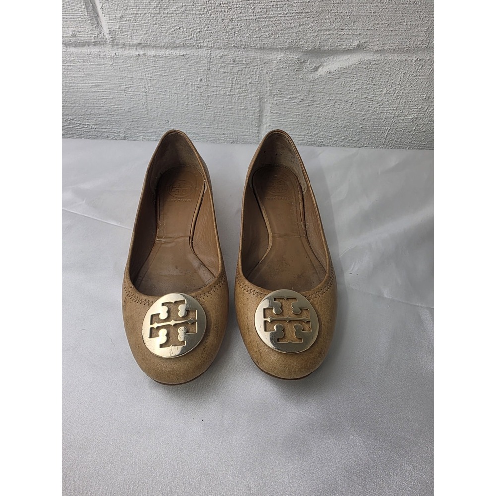 Tory Burch Women's Tan Brown Pebbled Leather Medallion Logo Ballet‎ Flats 8M